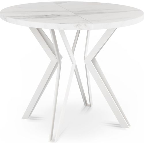Runder Tisch für das Esszimmer - 100 oder 120 cm Durchmesser - Ausziehbarer Tisch in Weißenr Marmoroptik mit Pulverbeschichteten Weißen Metallbeinen - Industriestil - 120 cm - Marmor Weiß Image