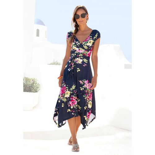 Sommerkleid BEACHTIME, Damen, Gr. 36, N-Gr, blau (marine, bedruckt), Jersey, Obermaterial: 95% Viskose, 5% Elasthan, bedruckt, feminin, figurbetont kniebedeckend, V-Ausschnitt, Kurzarm, Kleider, mit Zipfelsaum und Schleife in der Taille, Jerseykleid, Strandkleid