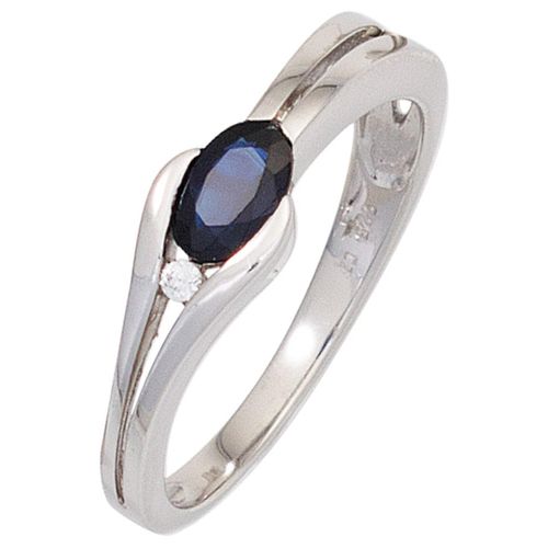 Fingerring JOBO Gr. 50, weiß (weißgold 375), Fingerringe, Damen, 50, P1 = bei 10-facher Vergrößerung erkennbare Einschlüsse, Weißgold 375-Diamanten, Weißgold 375, Diamanten, 375 Weißgold mit Safir und Diamant
