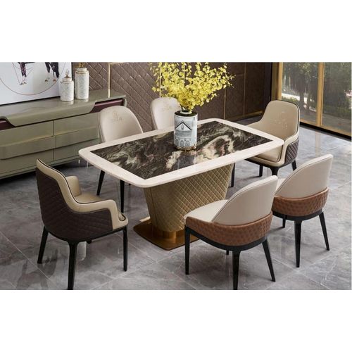 Tisch Esszimmer Garnitur Esstisch Stuhl Set 7tlg. Leder Edelstahl Lehn Stühle