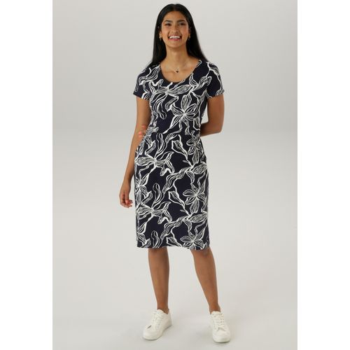 Sommerkleid ANISTON SELECTED, Damen, Gr. 44, N-Gr, blau (marine, weiß), Jersey, Obermaterial: 95% Viskose, 5% Elasthan, bedruckt, geblümt, feminin, knieumspielend, Rundhals, Kurzarm, Kleider, mit zwei Eingriffstaschen - NEUE KOLLEKTION, Topseller