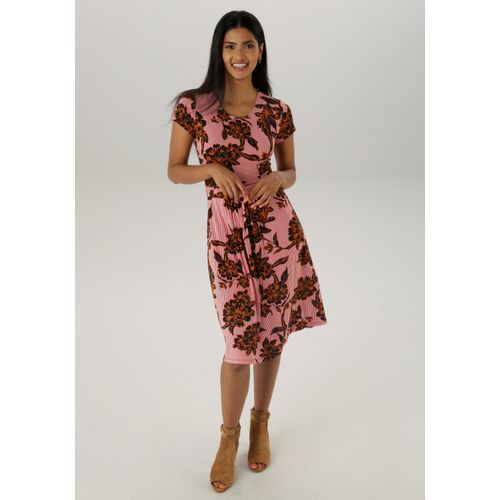 Sommerkleid ANISTON SELECTED, Damen, Gr. 36, N-Gr, rot (rot, weiß, kupfer, schwarz), Jersey, Obermaterial: 95% Viskose, 5% Elasthan, gestreift, geblümt, bedruckt, gemustert, feminin, figurbetont knieumspielend, Rundhals, Kurzarm, Kleider, mit abstrakter Blüten- und Blättermusterung - NEUE KOLLEKTION