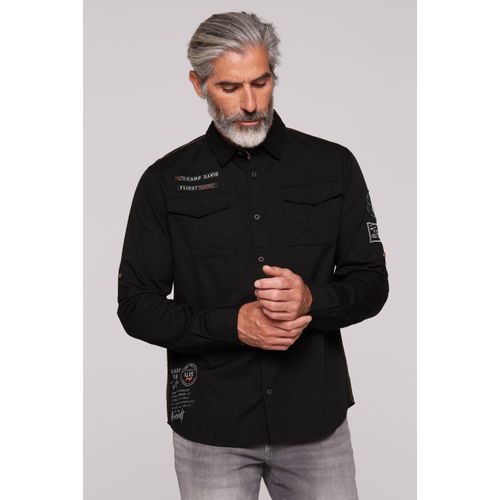 Langarmhemd CAMP DAVID, Herren, Gr. XXL, Normalgrößen, schwarz, Material: 100% Baumwolle, bedruckt, bestickt, casual, regular fit normal, Langarm 1-Knopf-Manschette, Hemden, mit Turn-Up-Ärmel