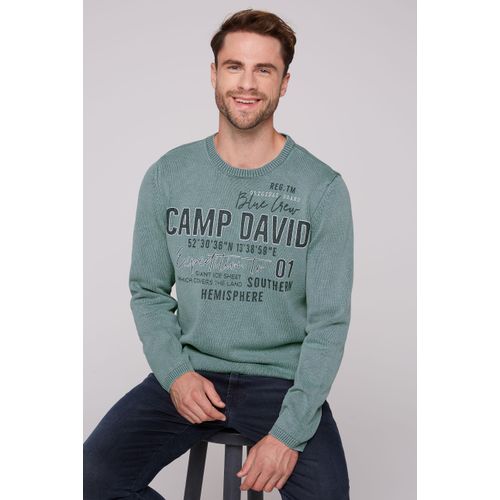 Rundhalspullover CAMP DAVID, Herren, Gr. L, blau (teal), Material: 100% Baumwolle, bedruckt, casual, lässig geschnitten normal, Rundhals, Langarm eingesetzt Rippbündchen, Pullover, aus Baumwolle