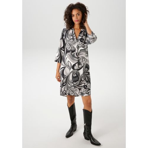 Sommerkleid ANISTON CASUAL, Damen, Gr. 46, N-Gr, grau (grau, anthrazit, hellgrau, schwarz, wollweiß), Web, Obermaterial: 100% Viskose, bedruckt, gemustert, modisch, figurumspielend kniefrei, V-Ausschnitt, 3/4-Ärmel Krempelärmel, Kleider, mit farbharmonischem, graphischem Druck, Topseller