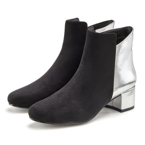 Stiefelette LASCANA, Damen, Gr. 40, schwarz (schwarz, silber), Obermaterial: 80% Textilmaterial, 20% Lederimitat. Futter: 100% Lederimitat. Decksohle: 100% Lederimitat. Laufsohle: 100% Synthetik, mehrfarbig, metallic, modisch, Schuhe, mit komfortablem Blockabsatz, Stiefel, Boots VEGAN