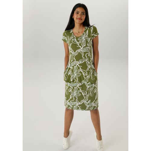 Sommerkleid ANISTON SELECTED, Damen, Gr. 46, N-Gr, grün (khaki, weiß), Jersey, Obermaterial: 95% Viskose, 5% Elasthan, bedruckt, geblümt, feminin, knieumspielend, Rundhals, Kurzarm, Kleider, mit zwei Eingriffstaschen - NEUE KOLLEKTION