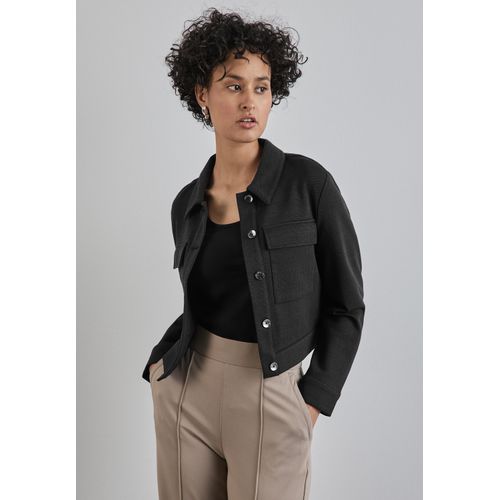 Kurzblazer STREET ONE, Damen, Gr. 46, schwarz, Stoff, 53% Polyester, 22% Polyamid, 22% Viskose, 3% Elasthan, kariert, casual, normal normal, V-Ausschnitt, Langarm Bündchen, Blazer, mit Brusttaschen