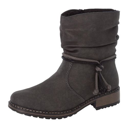 Winterstiefelette RIEKER, Damen, Gr. 39, grau (anthrazit), Lederimitat, elegant, Schuhe Bikerboots Boots, mit Zierbänder am slouchy Schaft