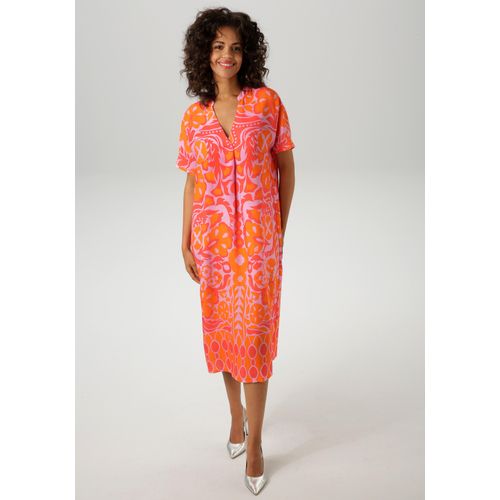 Sommerkleid ANISTON CASUAL, Damen, Gr. 46, N-Gr, bunt (rosa, rot, orange), Web, Obermaterial: 100% Viskose, bedruckt, geblümt, gemustert, modisch, figurumspielend kniebedeckend, V-Ausschnitt, Kurzarm, Kleider, mit extravagantem, grafischen Druck - NEUE KOLLEKTION, Topseller