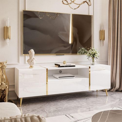TV-Schrank ONYX auf goldenen Beinen Weiß Hochglanz 158 cm