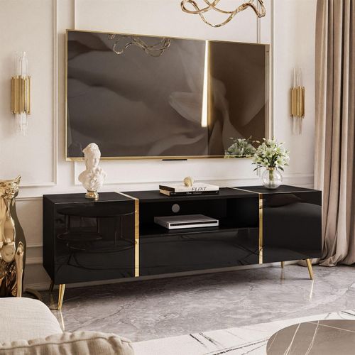 TV-Schrank ONYX auf goldenen Beinen Schwarz Hochglanz 158 cm