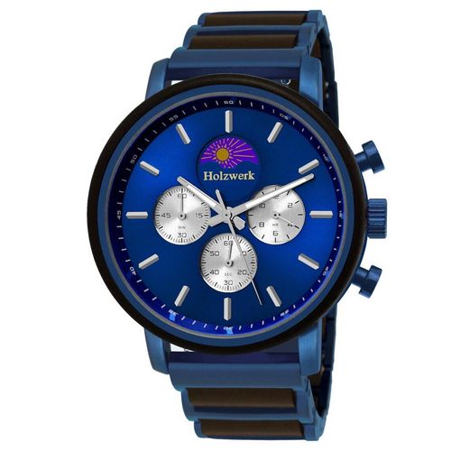 Holzwerk BARUTH Herren Edelstahl & Holz Chronograph Mondphase Uhr, blau, schwarz