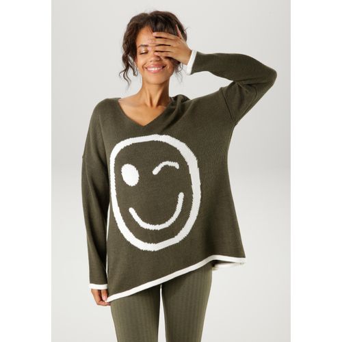 Strickpullover ANISTON CASUAL, Damen, Gr. 40/42, grün (oliv, wollweiß), Strick, Obermaterial: 100% Polyacryl, gemustert, modisch, oversize Po-bedeckend, V-Ausschnitt, Langarm Strickbündchen, Pullover, mit eingestricktem Smiley