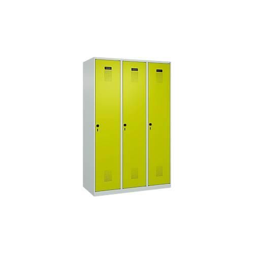 Kleiderspind C+P Evolo Plus, 3 Abteile, 400 mm breit, Drehriegel, Soft-Anschlag, B 1.200 x T 500 x H 1.850 m, lichtgrau/clowngrün