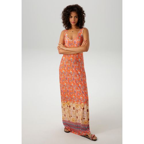 Sommerkleid ANISTON CASUAL, Damen, Gr. 44, N-Gr, orange (orange, türkis, gelb, wollweiß, fuchsia, braun, sand, dunkelgrün, petrol, weiß, lavendel), Single Jersey, Obermaterial: 95% Viskose, 5% Elasthan, bedruckt, geblümt, gemustert, modisch, figurumspielend knöchellang, Rundhals, Kleider, mit farbharmonischem Blumendruck und Bordüre am Saum - NEUE KOLLEKTION