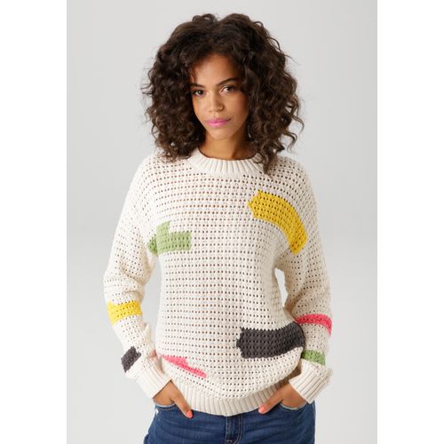 Strickpullover ANISTON CASUAL, Damen, Gr. 34, weiß (natur, salbei, pink, gelb, anthrazit), Strick, Obermaterial: 100% Baumwolle, Ajourstrickmuster, unifarben mit Farbeinsätzen, modisch, bequem hüftlang, Rundhals, Langarm Rippstrickbündchen, Pullover, mit eingestrickten Farb-Highlight - NEUE KOLLEKTION