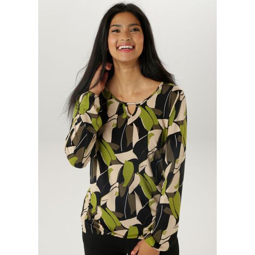 Langarmshirt ANISTON SELECTED, Damen, Gr. 40, bunt (kiwigrün, schwarz, camel, khaki, weiß), Single Jersey, Obermaterial: 95% Viskose, 5% Elasthan, gemustert, bedruckt, casual, figurumspielend, Rundhals, Langarm elastischer Bund mit Gummizug, Shirts, mit Cut-out und phantasievollem Druck - NEUE KOLLEKTION