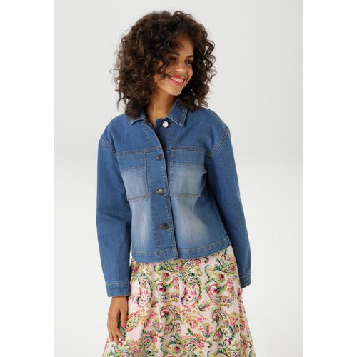 Jeansjacke ANISTON CASUAL, Damen, Gr. 46, blau usde, Denim/Jeans, Obermaterial: 98% Baumwolle, 2% Elasthan, unifarben, Abriebeffekte, casual, lässig geschnitten taillenbedeckt, Langarm 1-Knopf-Manschette, Jacken, in trendiger Used-Waschung - NEUE KOLLEKTION