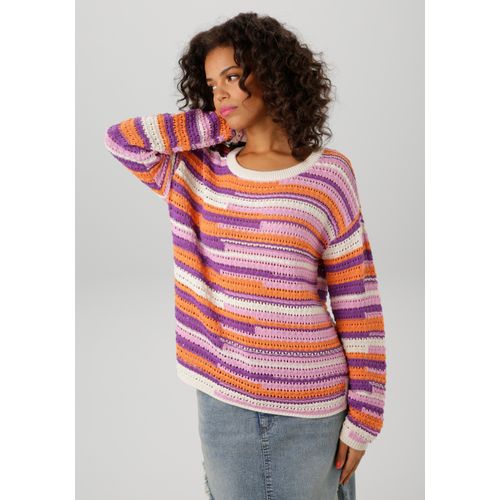 Strickpullover ANISTON CASUAL, Damen, Gr. 44, wollweiß, rosa, lila, orange, Strick, Obermaterial: 50% Baumwolle, 50% Polyacryl, gestreift, geringelt, Ajourstrickmuster, modisch, lässig geschnitten hüftlang, Rundhals, Langarm Rippstrickbündchen, Pullover, im extravagantem Streifen-Dessin - NEUE KOLLEKTION