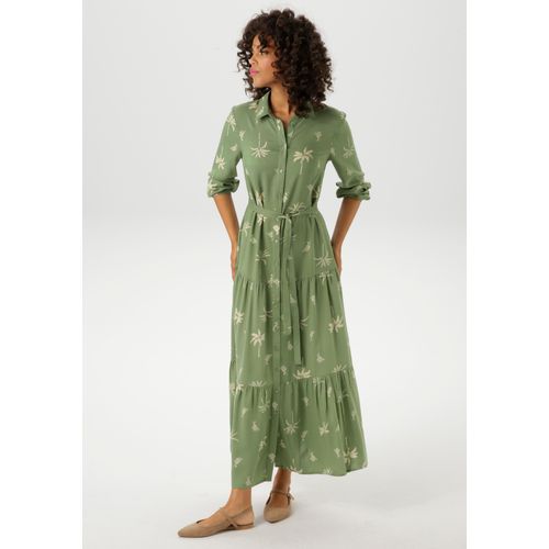 Maxikleid ANISTON CASUAL, Damen, Gr. 48, N-Gr, grün (salbei, sand), Web, Obermaterial: 100% Viskose, bedruckt, feminin, figurumspielend knöchelfrei, Langarm 1-Knopf-Manschette, Kleider, mit Palmen bedruckt - jedes Teil ein Unikat - NEUE KOLLEKTION, Topseller