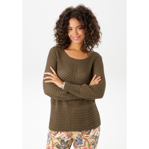Rundhalspullover ANISTON CASUAL, Damen, Gr. 38, grün (khaki), Feinstrick, Obermaterial: 100% Baumwolle, unifarben, Ajourstrickmuster, modisch, figurumspielend hüftlang, Rundhals, Langarm Strickkante, Pullover, mit trendig gemixten Ajour-Mustern