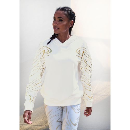 Hoodie LASCANA ACTIVE, Damen, Gr. XS (32/34), gold (weiß, gold), Sweatware, Obermaterial: 60% Baumwolle, 40% Polyester, bedruckt, gemustert, glänzend, sportlich, bequem hüftlang, Langarm Rippbündchen, Sweatshirts