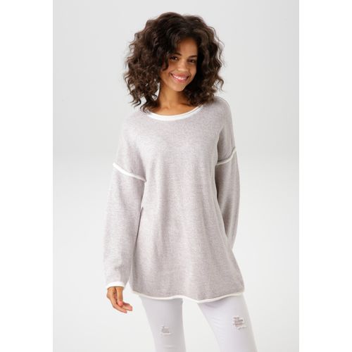 Strickpullover ANISTON CASUAL, Damen, Gr. 46, grau (hellgrau, wollweiß, meliert), Feinstrick, Obermaterial: 100% Polyacryl, meliert, casual, oversize Po-bedeckend, Rundhals, Langarm Rollkanten, Pullover, mit Fransen im Rücken - NEUE KOLLEKTION