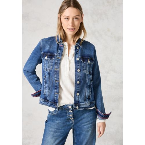 Jeansjacke CECIL, Damen, Gr. XS (36), blau (mid blau wash), Web, 83% Baumwolle, 16% Polyester, 1% Elasthan, unifarben, casual, normal normal, V-Ausschnitt, Langarm Bündchen, Jacken, mit Brusttaschen