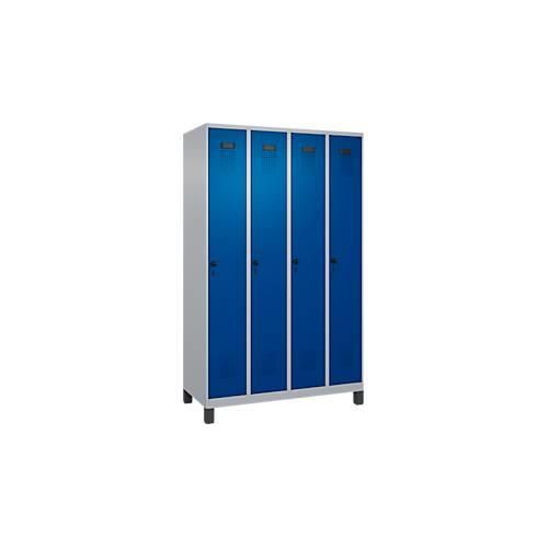 Kleiderspind C+P Evolo Plus, 4 Abteile, 300 mm Abteilbreite, mit Füßen, Anschlag rechts, Drehriegel, B 1200 x T 500 x H 1950 mm, weißaluminium/enzianblau
