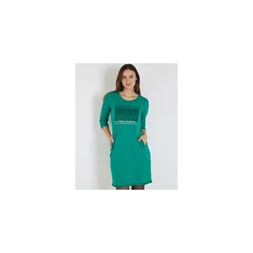 Grünes Sweatkleid mit Strassmotiv