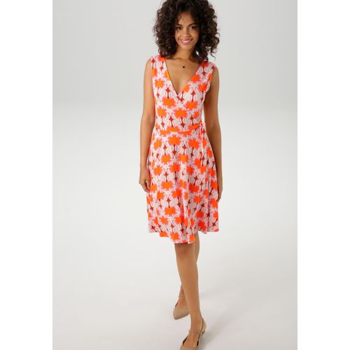 Sommerkleid ANISTON CASUAL, Damen, Gr. 46, N-Gr, orange (hellbeige, orange, pink, braun), Single Jersey, Obermaterial: 95% Viskose, 5% Elasthan, bedruckt, gemustert, feminin, figurumspielend kniefrei, V-Ausschnitt, Kleider Druckkleid, mit extravagantem Retro-Muster- jedes Teil ein Unikat- NEUE KOLLEKTION