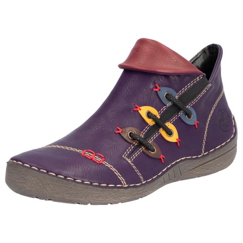 Stiefelette RIEKER Gr. 39, lila (aubergine kombiniert), Damen, Lederimitat, Schuhe, Schlupfboots, Slipper mit bunten Applikationen seitlich