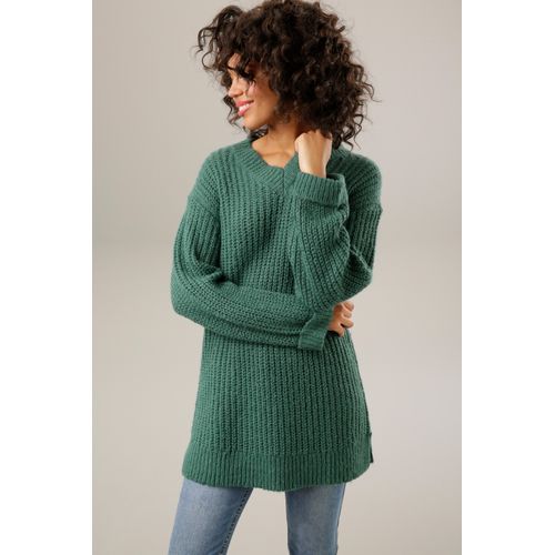 Longpullover ANISTON CASUAL, Damen, Gr. 34, grün (petrolgrün, meliert), Grobstrick, Obermaterial: 100% Polyacryl, meliert, modisch, sehr weit Po-bedeckend, V-Ausschnitt, Langarm Strickbündchen, Pullover Grobstrickpullover, mit fixierten Umschlag an den langen Ärmeln