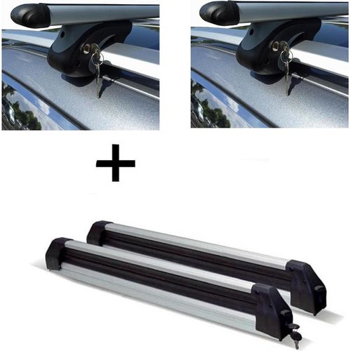Relingträger VDP L120 + Skiträger / Snowboardträger / Skihalter Silve Ice ausziehbar) kompatibel mit Chevrolet Cruze Kombi ab 11
