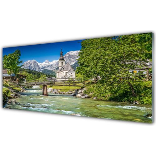 Küchenrückwand aus Glas 125x50cm Spritzschutz Kirche Brücke See Bäume Natur