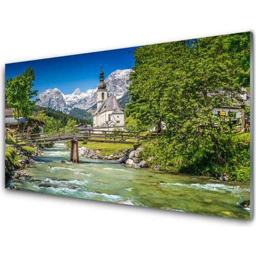 Küchenrückwand aus Glas 100x50cm Spritzschutz Kirche Brücke See Bäume Natur