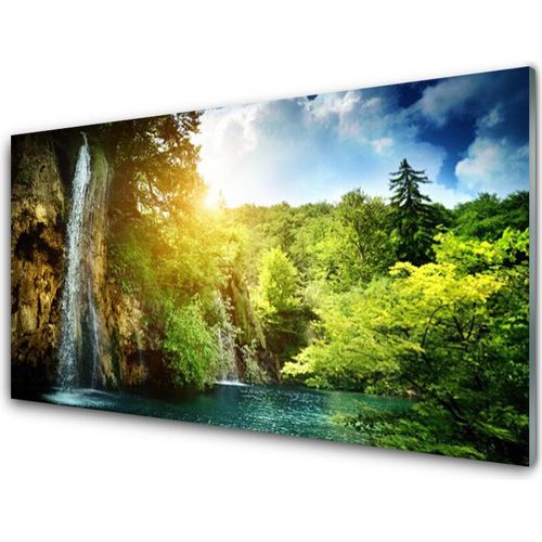 Küchenrückwand aus Glas 100x50cm Spritzschutz Wasserfall Bäume Landschaft