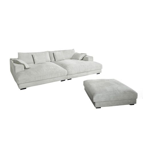 KAWOLA Big Sofa MADELINE Cord hellgrau mit Hocker und 4 Zierkissen