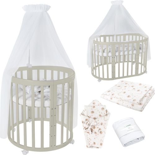 Mobiles Babybett OWAL aus Holz 7in1 mit Matratze, mitwachsend,Stoffe Weiß Löwenzahn,Holz olive