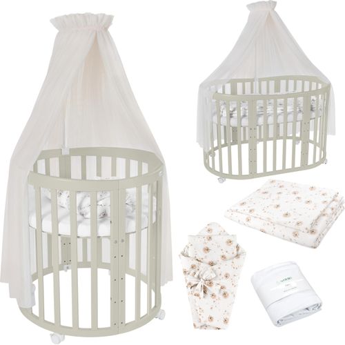 Mobiles Babybett OWAL aus Holz 7in1 mit Matratze, mitwachsend,Stoffe Champagner Löwenzahn,Holz olive