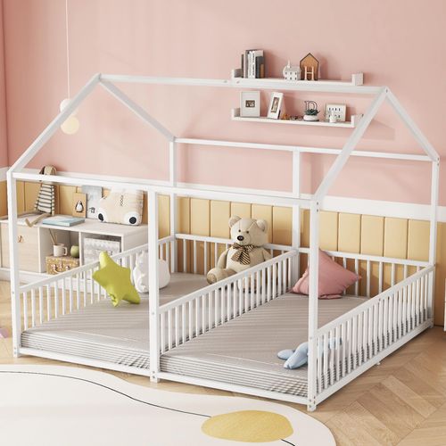 Kinderbett mit 2 Liegeflächen und Lattenrost, 90x200cm, Rausfallschutz, Metallbett, Hausbett