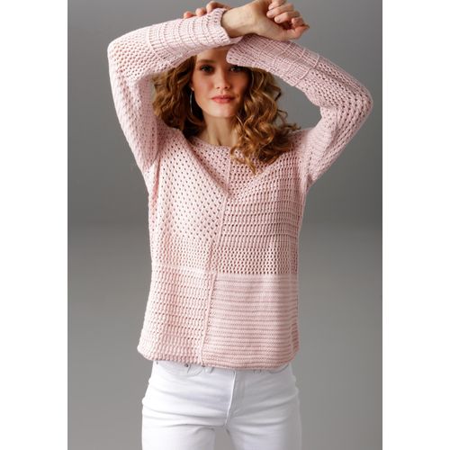 Rundhalspullover ANISTON CASUAL, Damen, Gr. 40, rosa (rosé), Feinstrick, Obermaterial: 100% Baumwolle, unifarben, Ajourstrickmuster, modisch, figurumspielend hüftlang, Rundhals, Langarm Strickkante, Pullover, mit trendig gemixten Ajour-Mustern