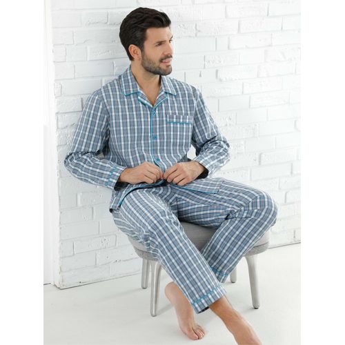 Schlafanzug KINGS CLUB, Herren, Gr. 48/50, blau (blau, kariert), 100% Baumwolle, Langarm, Homewear-Sets