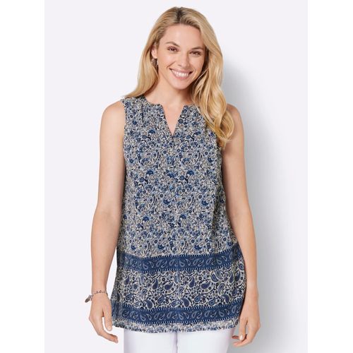 Blusentop INSPIRATIONEN, Damen, Gr. 36, blau (jeansblau, bedruckt), 100% Polyester, bedruckt, gemustert, mehrfarbig, geblümt, V-Ausschnitt, ohne Ärmel, Blusen