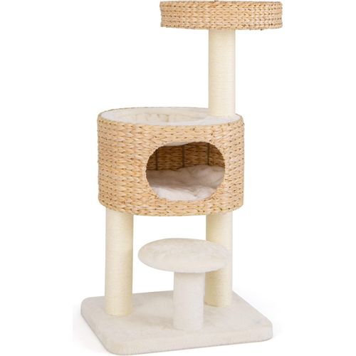 COSTWAY Kratzbaum mit Katzenhöhle 104cm, Katzenbaum mit Sitzstange, Plattform, Bett, Ball & Sisal-Kratzsäulen, Kletterbaum aus Rohrkolben Beige, Natur