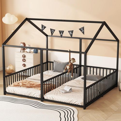 Flieks Kinderbett Hausbett Metallbett 90x200cm mit Lattenrost, Bodenbett Einzelbett für Familien mit 2 Kindern, Spielbett mit Rausfallschutz, Schwarz