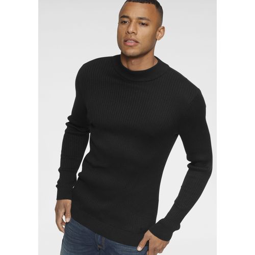 Stehkragenpullover BRUNO BANANI, Herren, Gr. L (52/54), schwarz, Feinstrick, Obermaterial: 50% Baumwolle, 50% Polyacryl, Basic, slim fit, Langarm Bündchen, Pullover, in Rippstrickoptik