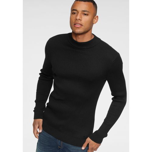 Stehkragenpullover BRUNO BANANI, Herren, Gr. XXXL (64/66), schwarz, Feinstrick, Obermaterial: 50% Baumwolle, 50% Polyacryl, Basic, slim fit, Langarm Bündchen, Pullover, in Rippstrickoptik