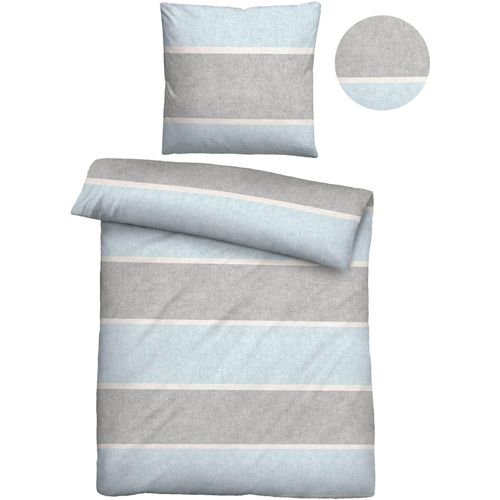 Bettwäsche BIBERNA Gr. 2, blau (bleu, grau), B/L: 155cm x 220cm, Biber-Feinbiber, B/L: 80cm x 80cm, Biber, Feinbiber, 100% Baumwolle, Bettwäsche